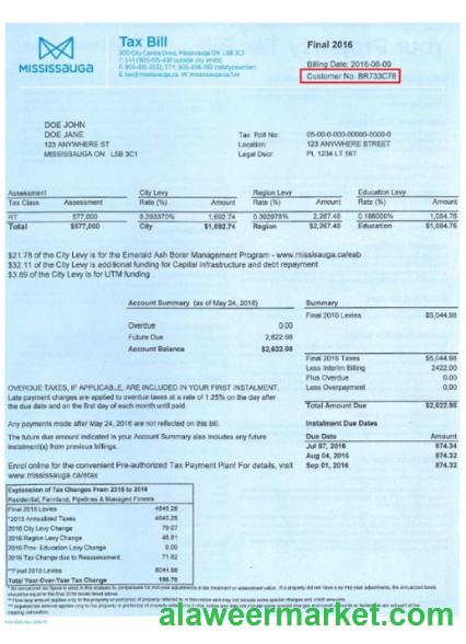 Canada Mississauga tax bill in PSD format